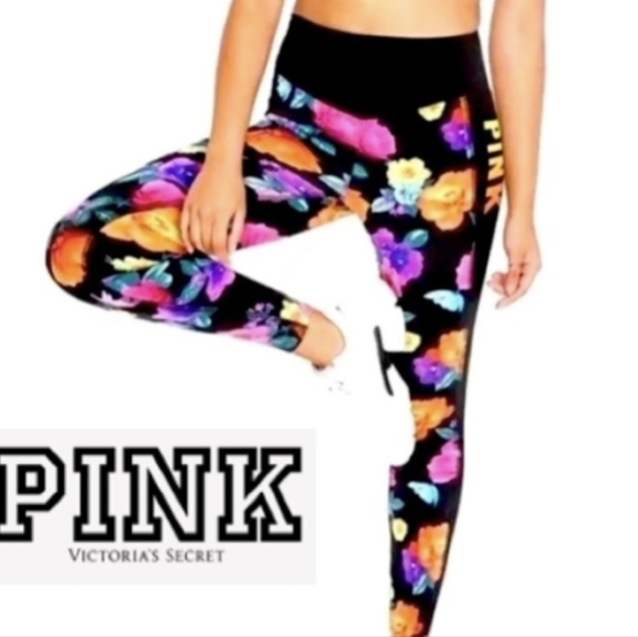 PINK Victoria's Secret Floral Leggings - Black, Pink, Orange, Blue - Picture 1 of 8